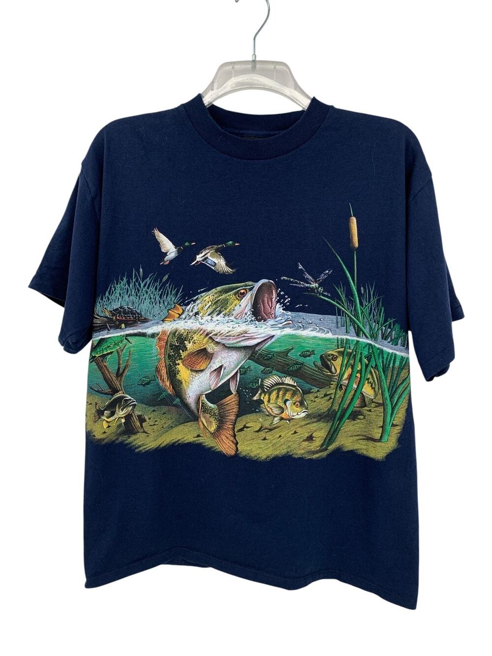 Vintage 90s Habitat T Shirt Mens XL Blue All Over Print Freshwater Bass Fish